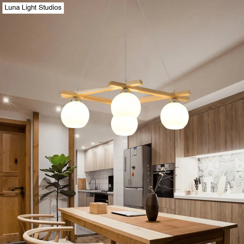 Japanese Wood Sphere Chandelier With Cream Glass & 4 Bulbs - Ideal For Living Rooms