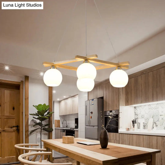 Japanese Wood Sphere Chandelier With Cream Glass & 4 Bulbs - Ideal For Living Rooms