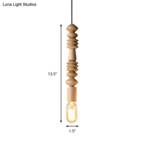 Japanese Style Bare Bulb Hanging Lamp - Wooden Deco Single Light Pendant In Beige Ideal For Kitchen