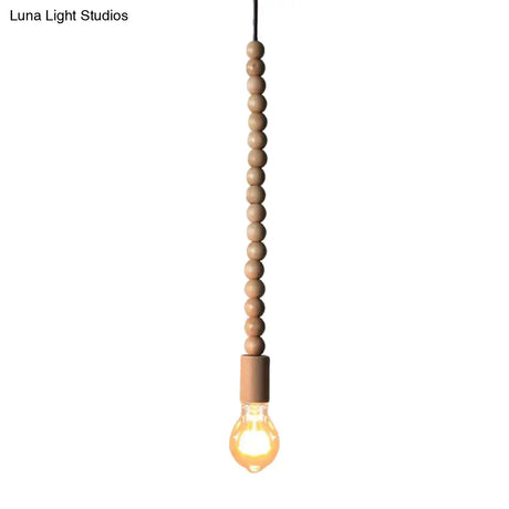 Japanese Style Bare Bulb Hanging Lamp - Wooden Deco Single Light Pendant In Beige Ideal For Kitchen