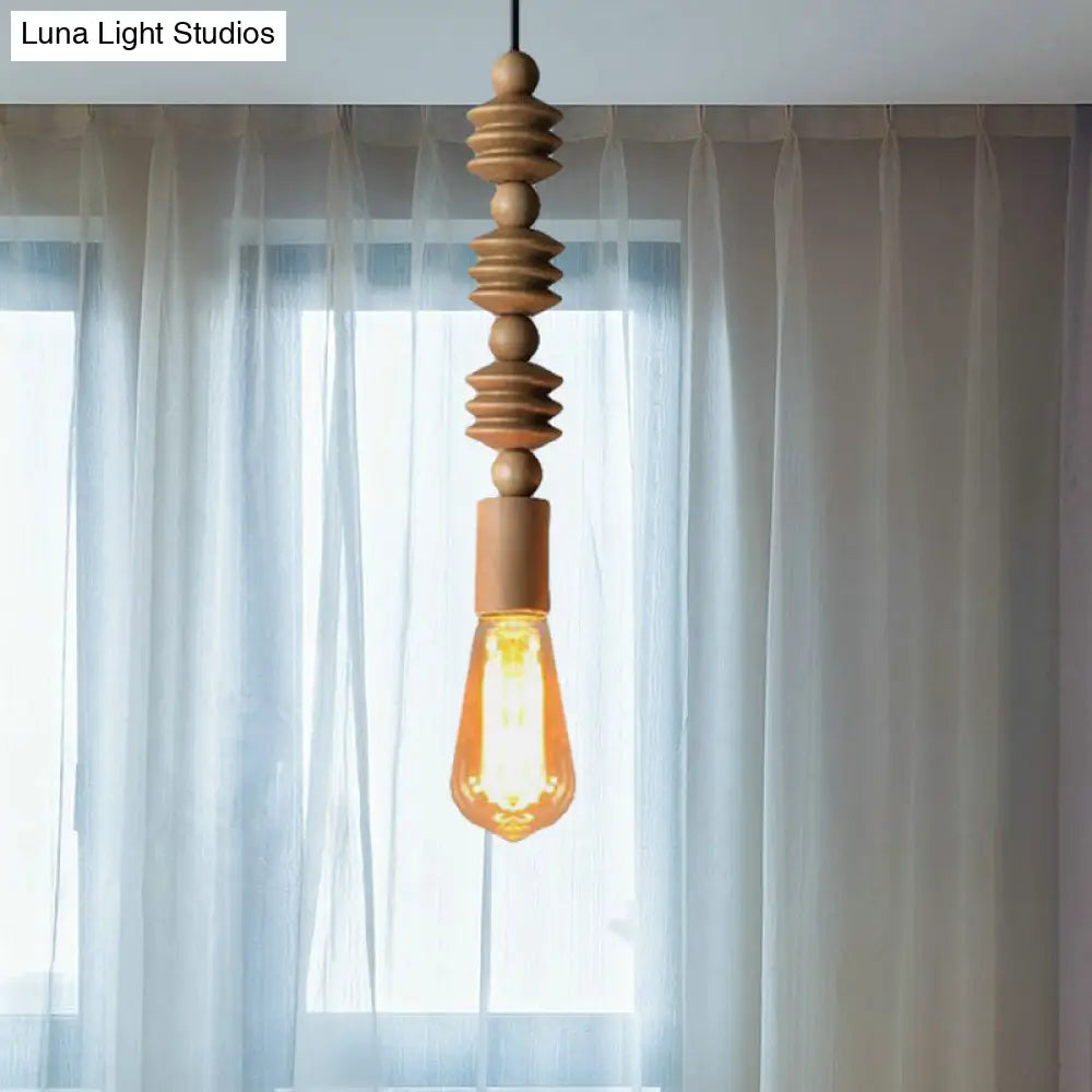 Japanese Style Bare Bulb Hanging Lamp - Wooden Deco Single Light Pendant In Beige Ideal For Kitchen