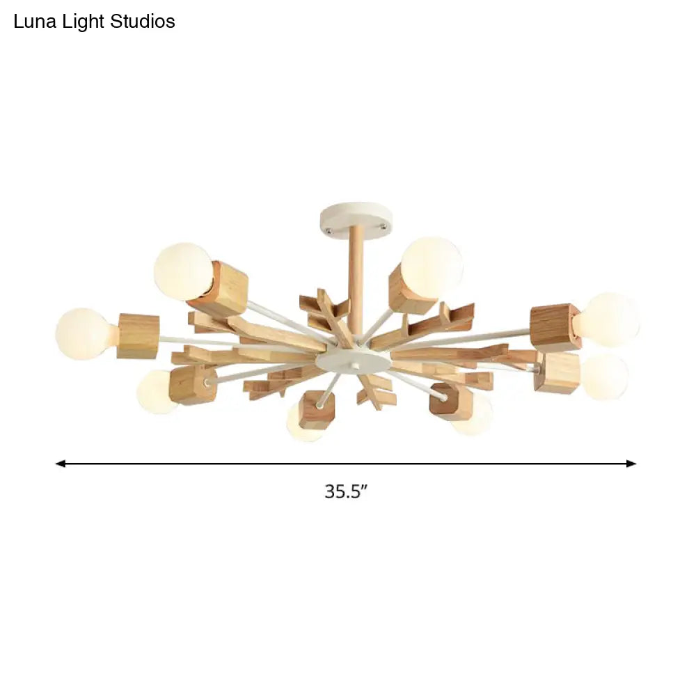 Japanese Style Beige Wood Chandelier - Snowflake Pendant Light For Bedroom