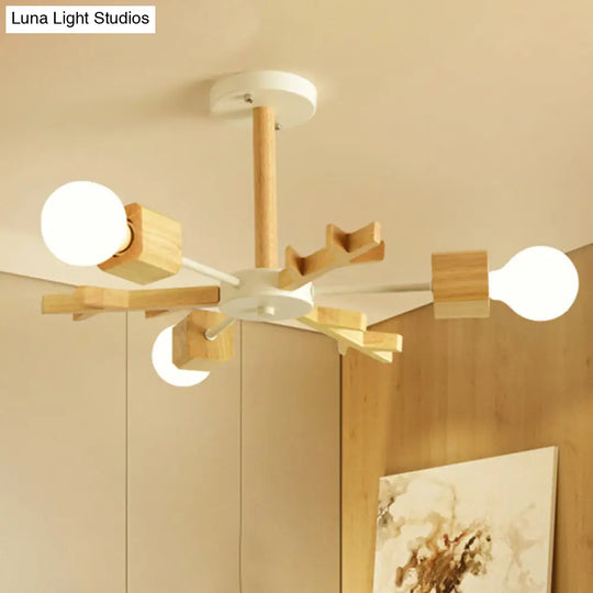 Beige Snowflake Pendant Light: Japanese Style Wood Chandelier For Bedroom 3 /