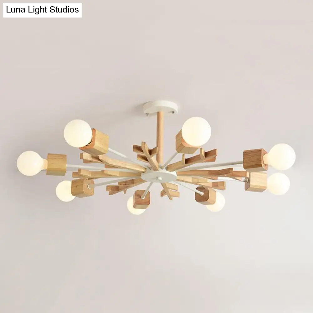 Japanese Style Beige Wood Chandelier - Snowflake Pendant Light For Bedroom