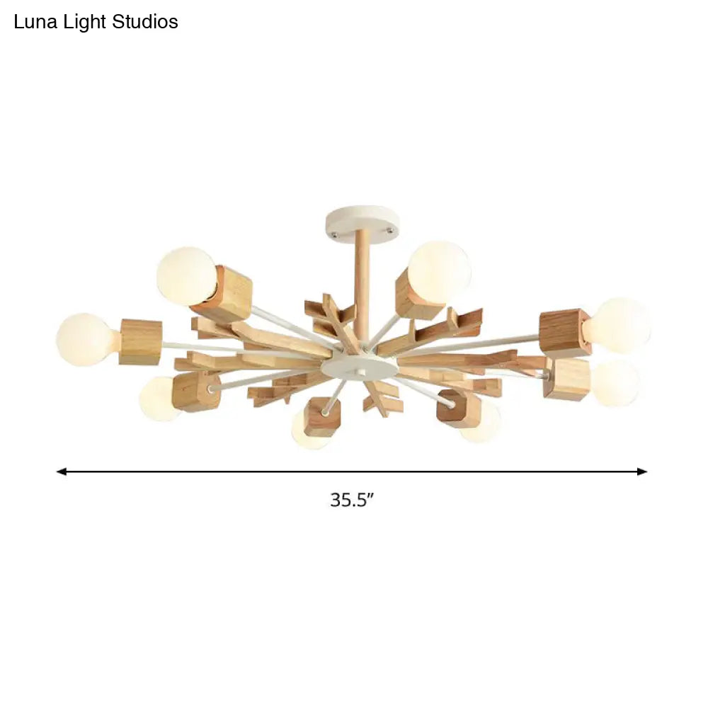 Beige Snowflake Pendant Light: Japanese Style Wood Chandelier For Bedroom