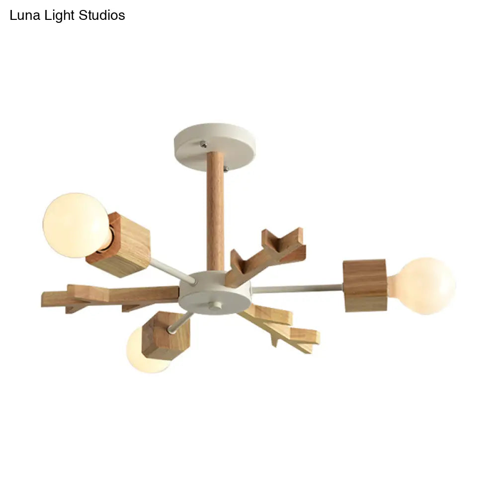 Japanese Style Beige Wood Chandelier - Snowflake Pendant Light For Bedroom
