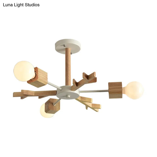 Beige Snowflake Pendant Light: Japanese Style Wood Chandelier For Bedroom