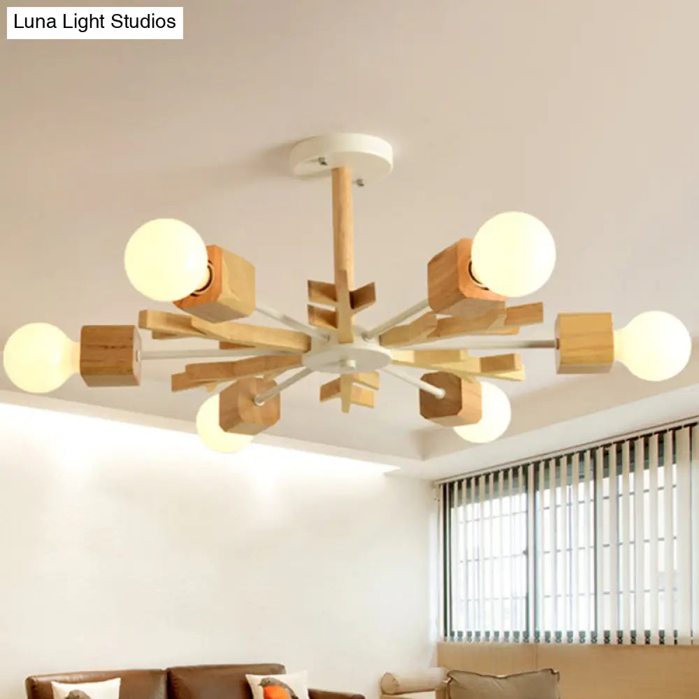 Beige Snowflake Pendant Light: Japanese Style Wood Chandelier For Bedroom