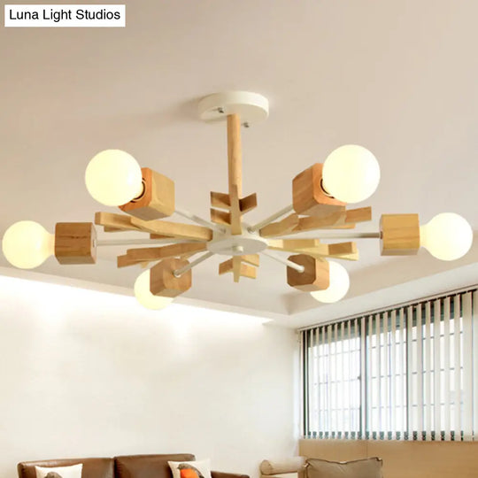 Beige Snowflake Pendant Light: Japanese Style Wood Chandelier For Bedroom
