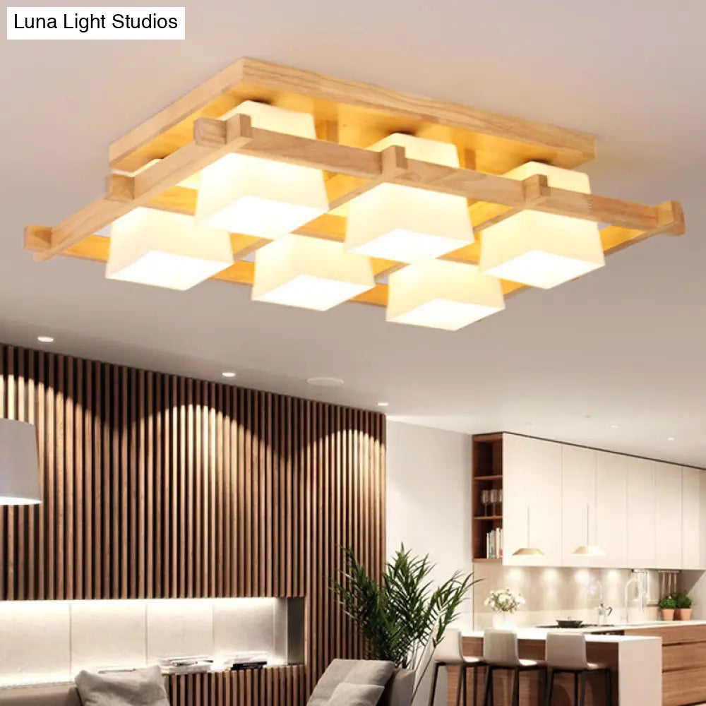 Japanese Style Cream Glass Geometrical Flush Mount Lighting Fixture 6 / Wood