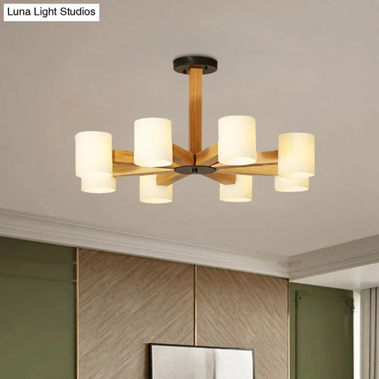 Stylish Japanese Glass & Wood Bedroom Pendant Chandelier With White Cylindrical Shade