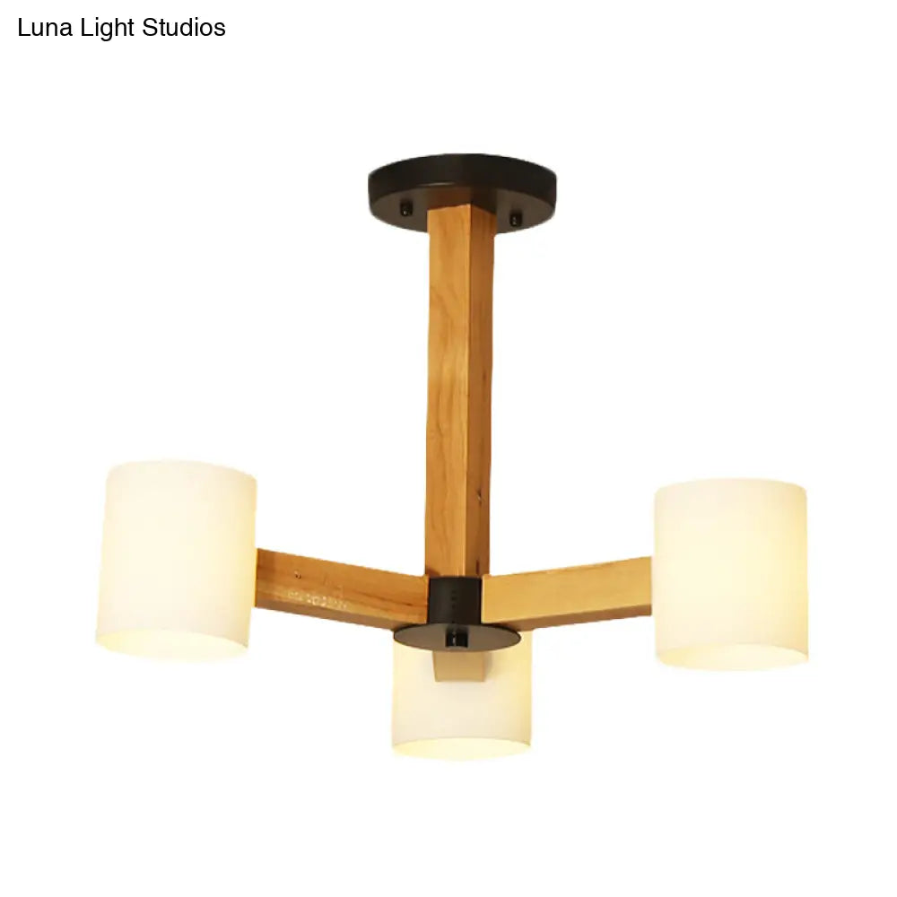 Stylish Japanese Glass & Wood Bedroom Pendant Chandelier With White Cylindrical Shade