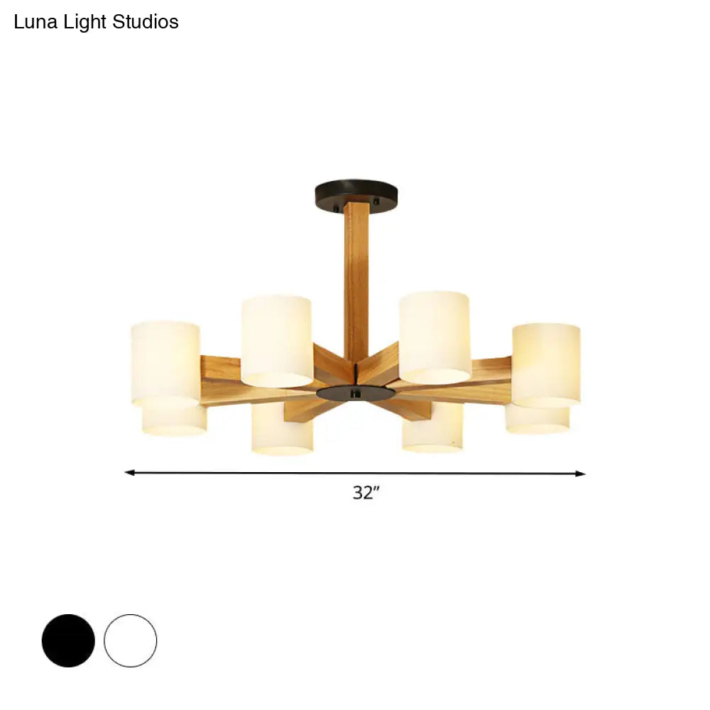 Stylish Japanese Glass & Wood Bedroom Pendant Chandelier With White Cylindrical Shade