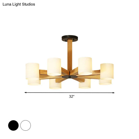 Stylish Japanese Glass & Wood Bedroom Pendant Chandelier With White Cylindrical Shade