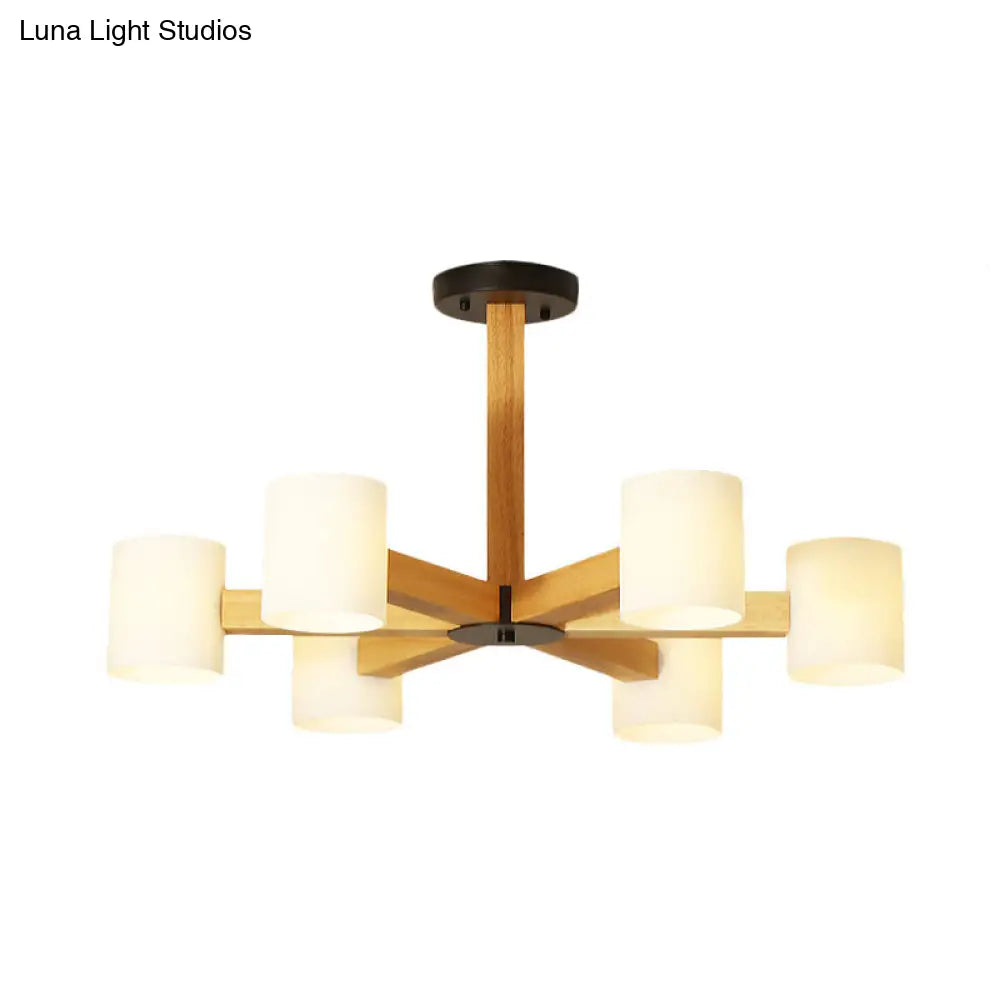 Stylish Japanese Glass & Wood Bedroom Pendant Chandelier With White Cylindrical Shade