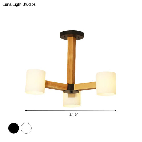 Stylish Japanese Glass & Wood Bedroom Pendant Chandelier With White Cylindrical Shade