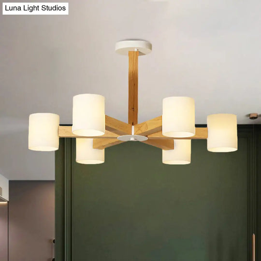 Stylish Japanese Glass & Wood Bedroom Pendant Chandelier With White Cylindrical Shade 6 /
