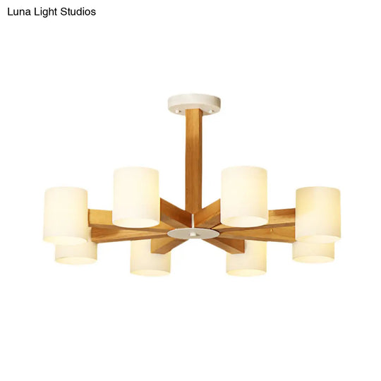 Stylish Japanese Glass & Wood Bedroom Pendant Chandelier With White Cylindrical Shade