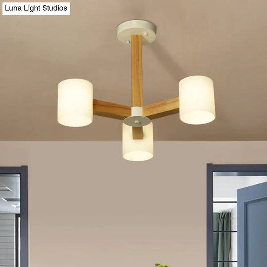 Stylish Japanese Glass & Wood Bedroom Pendant Chandelier With White Cylindrical Shade 3 /