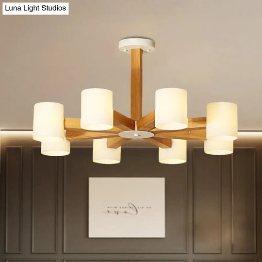Stylish Japanese Glass & Wood Bedroom Pendant Chandelier With White Cylindrical Shade 8 /