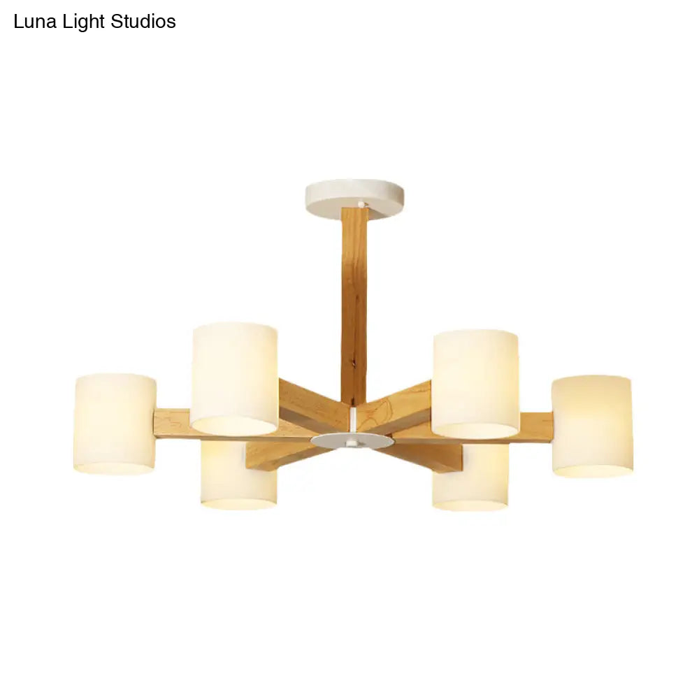 Stylish Japanese Glass & Wood Bedroom Pendant Chandelier With White Cylindrical Shade
