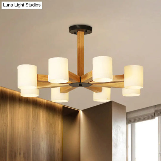 Stylish Japanese Glass & Wood Bedroom Pendant Chandelier With White Cylindrical Shade 8 / Black