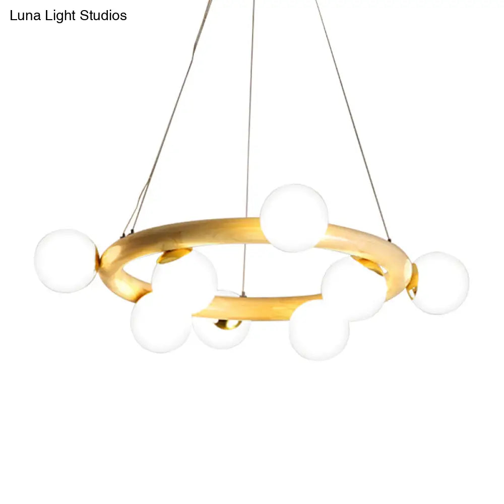 Japanese Style Wood Ring Pendant Light With Bubble Shade In Beige - Perfect For Study Room