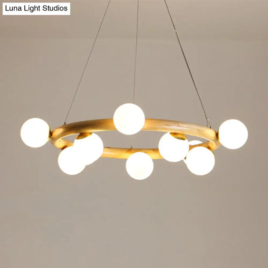 Japanese Style Wood Ring Pendant Light With Bubble Shade In Beige - Perfect For Study Room