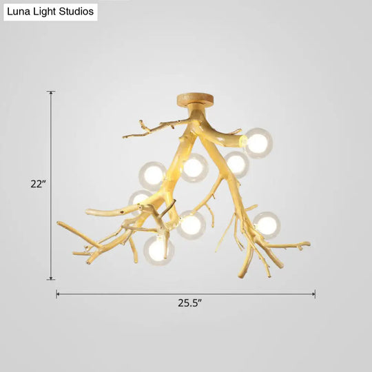 Japanese-Style Wood Tree Branch Ceiling Light: 8-Bulb Metal Semi Flush Mount For Dining Room /
