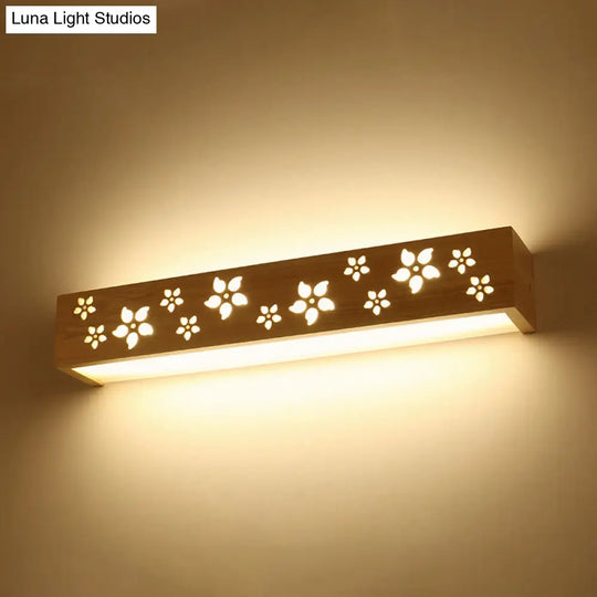 Japanese Style Wooden Flower Wall Lamp With Shelf & Beige Led Sconce Light
