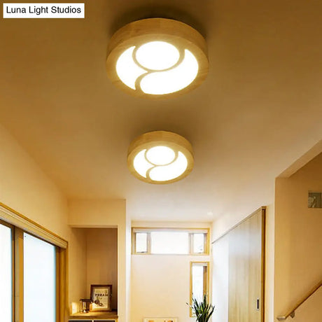 Japanese Style Wooden Led Flush Ceiling Light In Beige For Hallway Porch