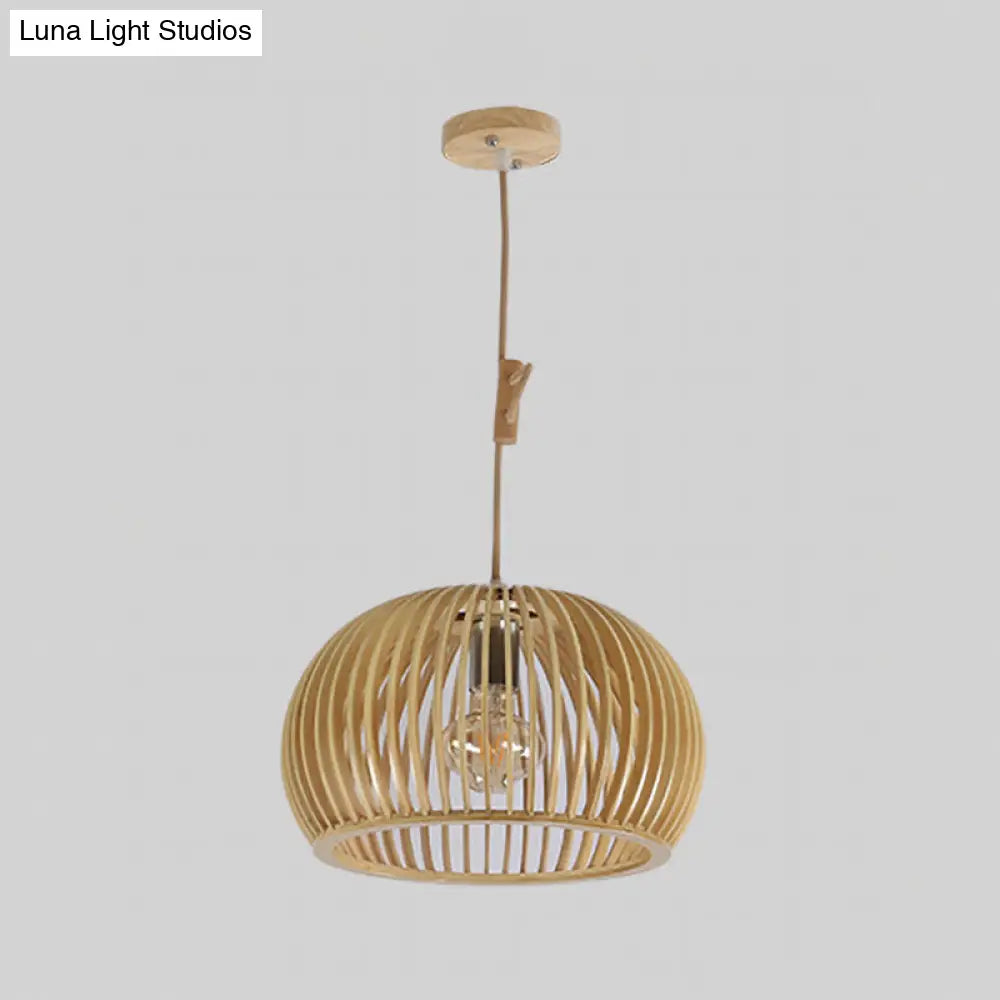 Japanese Wood Domed Pendant Lamp - Beige Ceiling Light For Living Room 13/18 Wide