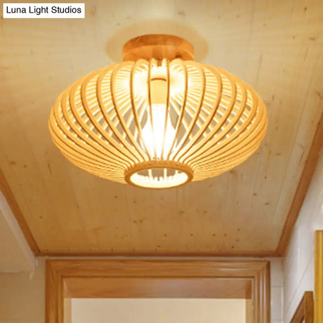 Japanese Wood Laser Cut Semi Flush Mount Ceiling Light In Beige