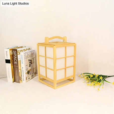 Japanese Wood Rectangular Desk Lamp - Small Beige Task Lighting With Handle