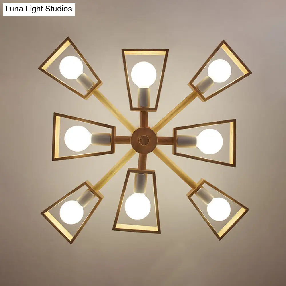 Japanese Wood Trapezoid Chandelier Pendant Light For Living Rooms