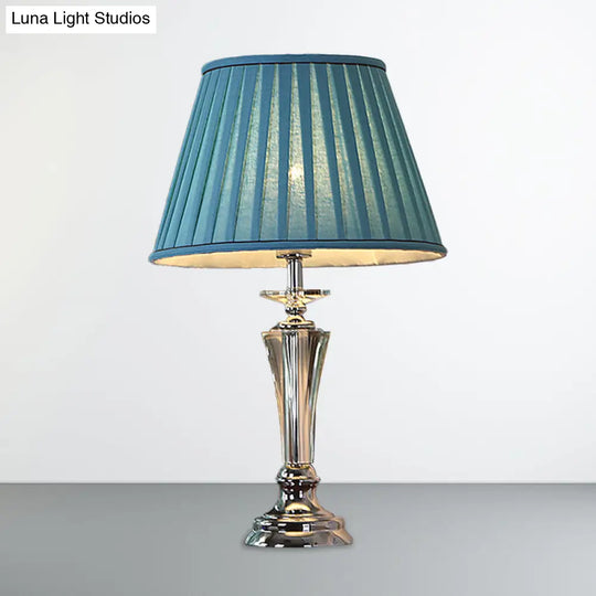 Blue/White Fabric Nightstand Lamp With Pleated/Scalloped Shade - Traditional Crystal Table Light For