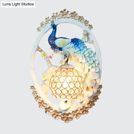 K9 Crystal Ball Peacock Design Wall Sconce - Contemporary Blue & White Living Room Lighting