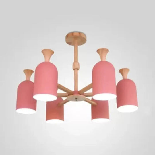 Kid Bedroom Candy Colored Goblet Chandelier - Macaron Loft Wood Hanging Light 6 / Pink
