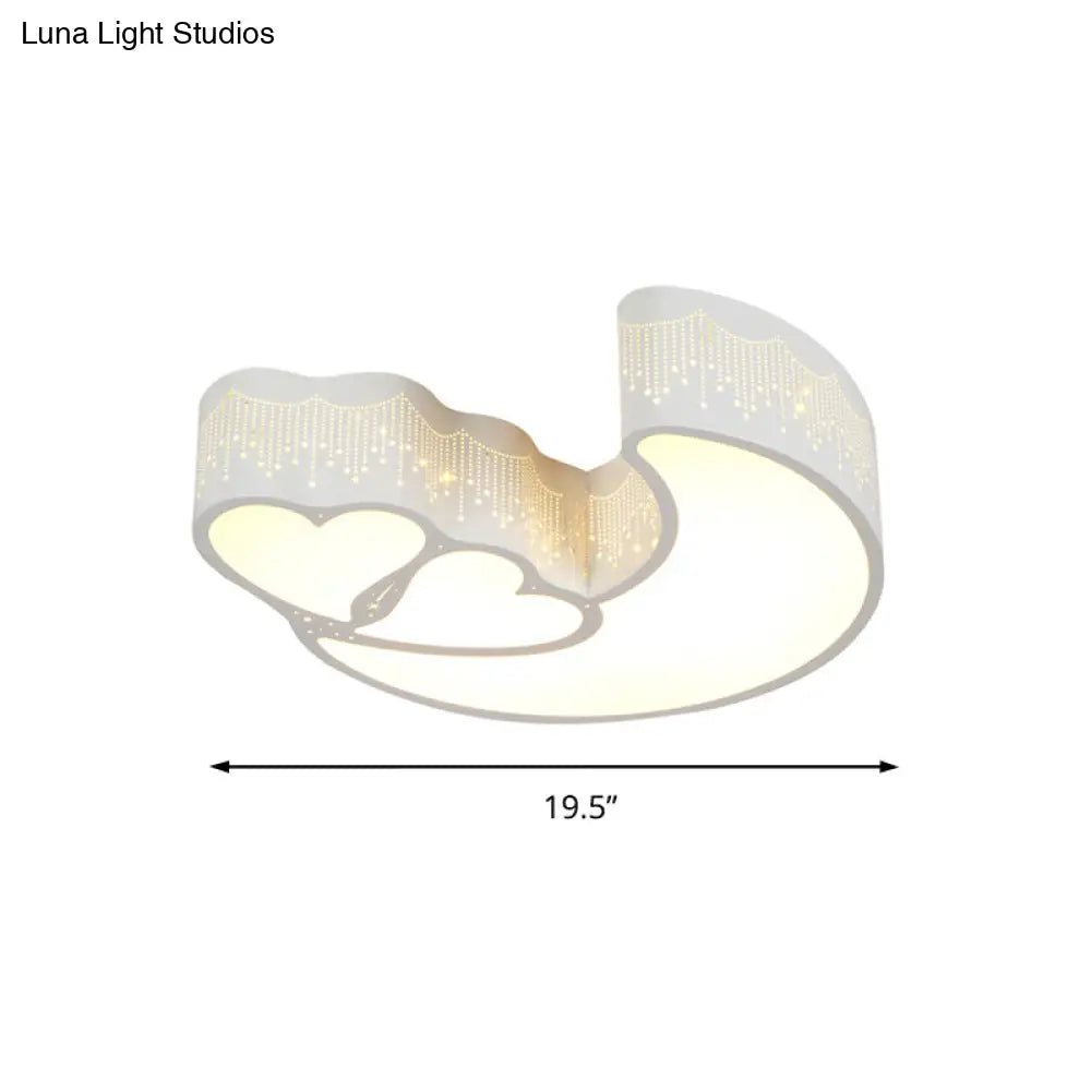 Kid Bedroom Led Flush Ceiling Lamp - Contemporary Heart & Crescent Design In White