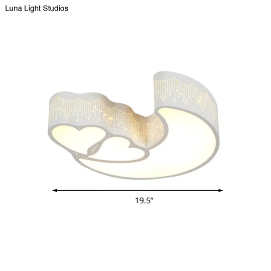 Kid Bedroom Led Flush Ceiling Lamp - Contemporary Heart & Crescent Design In White