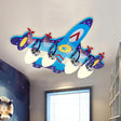 Kid Blue Plane Flush Mount Lamp With Opal Glass Shade - 4 - Bulb Bedroom Ceiling Fixture