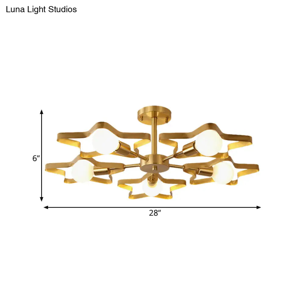 Kid Gold Pentagram Semi Flush Ceiling Light With Metal Frame - 3/4/5 - Head Flushmount