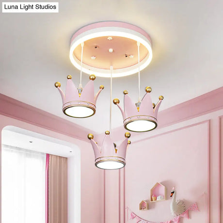 Kids 3 - Light Pink Led Flush Ceiling Lamp With Acrylic Loop Shape And Crown Draping Shade