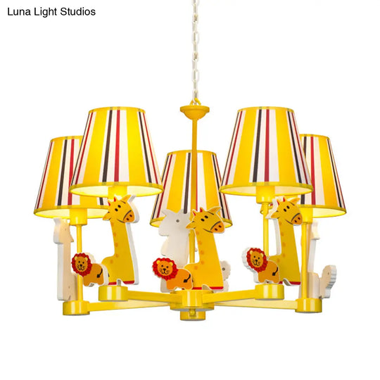 Kids Bedroom Cartoon Giraffe & Lion Chandelier - Yellow Metal Pendant Light With 5 Heads