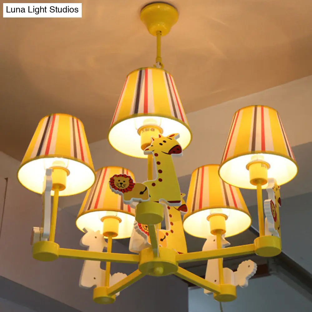 Kids Bedroom Cartoon Giraffe & Lion Chandelier - Yellow Metal Pendant Light With 5 Heads