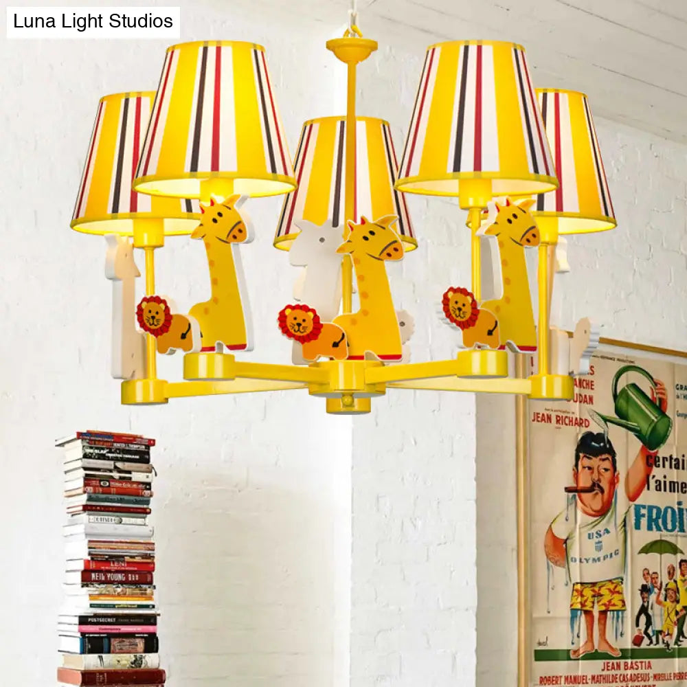 Kids Bedroom Cartoon Giraffe & Lion Chandelier - Yellow Metal Pendant Light With 5 Heads