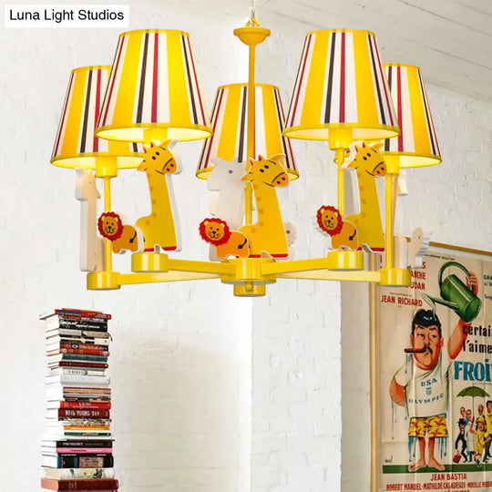 Kids Bedroom Cartoon Giraffe & Lion Chandelier - Yellow Metal Pendant Light With 5 Heads