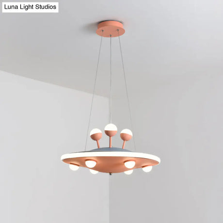 Kids Bedroom Ceiling Chandelier - Cartoon Ufo Metal Led Pendant Light In Pink/Blue