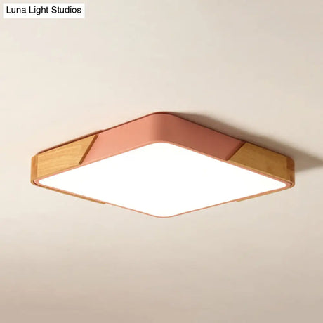 Kids Bedroom Ceiling Light - Nordic Green Square Flush Mount With Wood And Acrylic Shade
