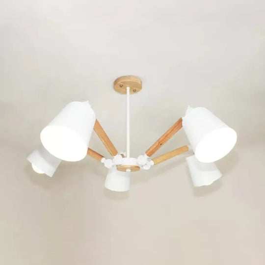 Kids Bedroom Chandelier - Adjustable Arm Wood Pendant Light With Modern Tapered Shade 5 / White